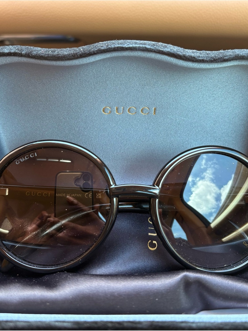Gucci Round Black Sunglasses with Brown Lenses and Gold Detail